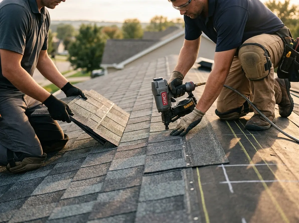 Professional roofer working on a residential roof in Warrington
